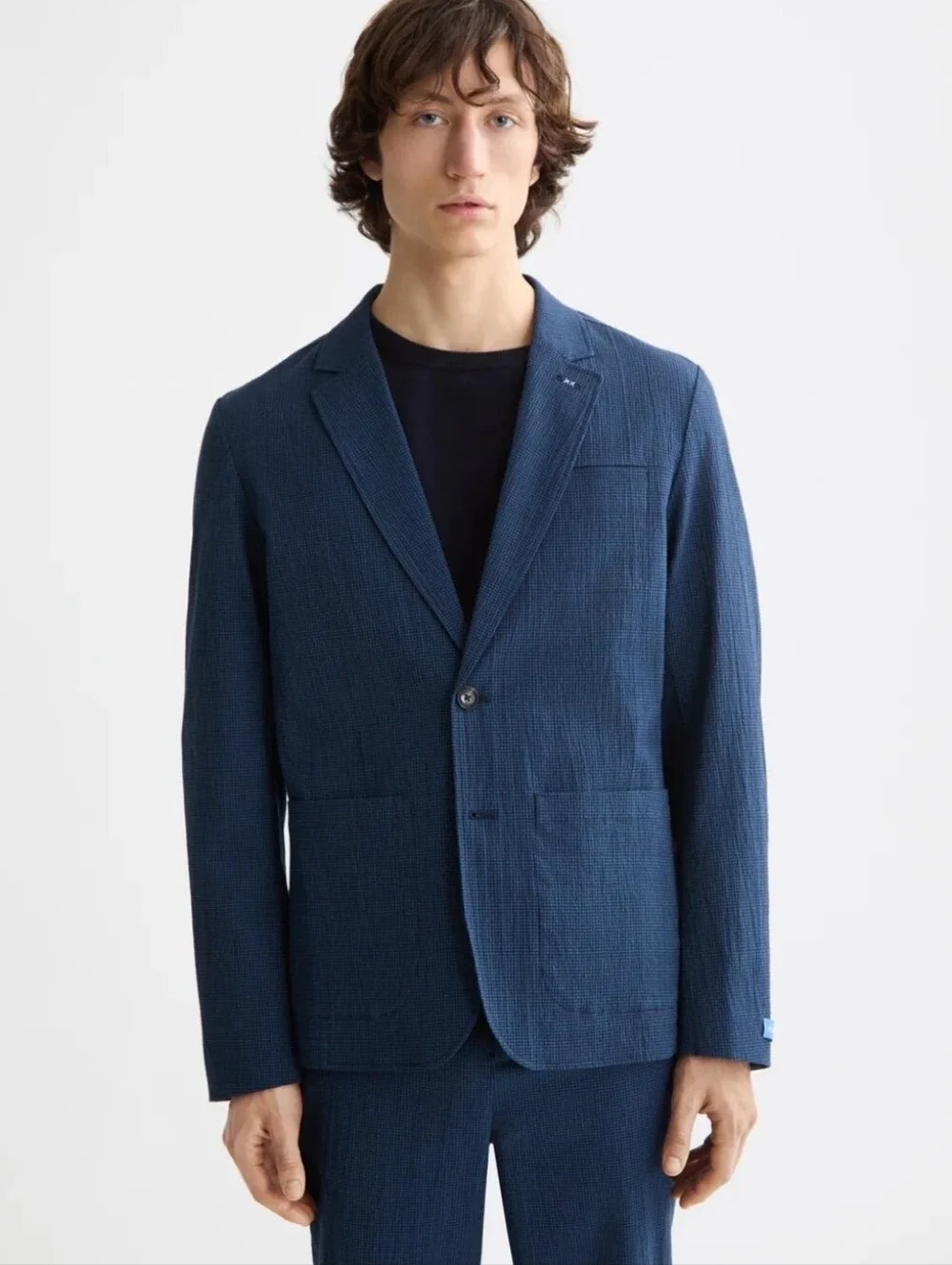 Scotch & Soda Navy Textured Men's Blazer Modern Two-Button Jacket, Medium